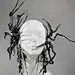 This may contain: a white mannequin head with black hair covered in spider webs and beads