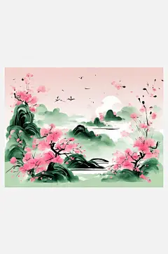 粉绿风景水墨画AI数字艺术-众图网