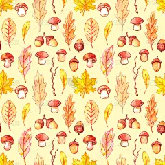 水彩无缝图案孤立插图，秋集，落叶，蘑菇，橡子，树枝。森林主题，快乐的秋天，复古墙纸