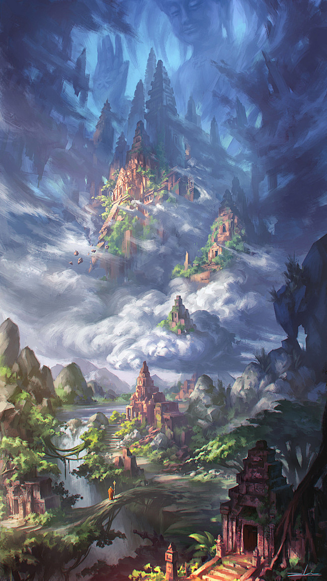 中国风场景气氛图古风山水建筑武侠仙侠CG...