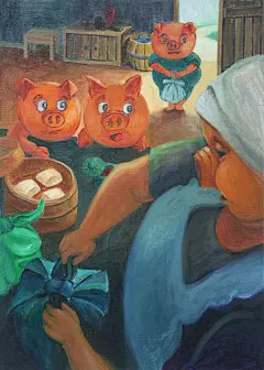 三只小猪系列故事––猪妈妈告诉小猪们需要独自面对生活！（插画背景：设计之初，我采用民国时期的服饰刻画动物角色，体现了穷苦大众与中国军阀的斗智斗勇）––––李雅静