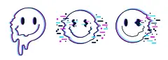 图源免费EPS |带有故障效果的迷幻扭曲笑脸集。具有融化和数字像素衰变的视错觉笑脸。酸浩室舞曲，90 年代设计。矢量插图