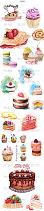 唯美手绘水彩纸杯蛋糕甜品甜点图案2 EPS矢量卡片设计素材AI163-淘宝网