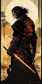 Samurai Kylo Ren, by Toulouse-Lautrec and Dave McKean and Richard Dadd, cinematic lighting, epic raking light, hyper detailed