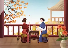 民国喝茶女性人物插画卡通背景