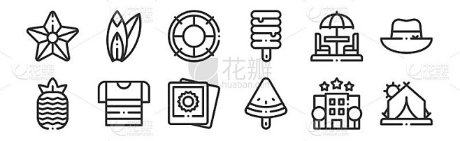 一套12瘦轮廓图标，如露营帐篷，冰棒，t...