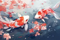 水波纹中国风国潮红色锦鲤插画