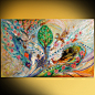 57" Abstract figurative painting on canvas green gold bright background light thick paint huge wall painting Jewish art tree interior design : ABOUT THIS PAINTING The concept of a tree of life has been used in biology, religion, philosophy, and mytho