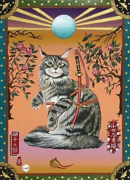 田中秀治的忍者猫绘画充满了浮世绘的场景风...
