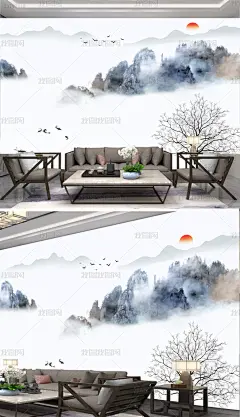 新中式现代简约水墨中式山水山水背景墙装饰画