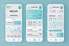 金融服务概念neumorphic模板集。金融交易在网上银行智能手机界面。响应式移动应用的UI, UX