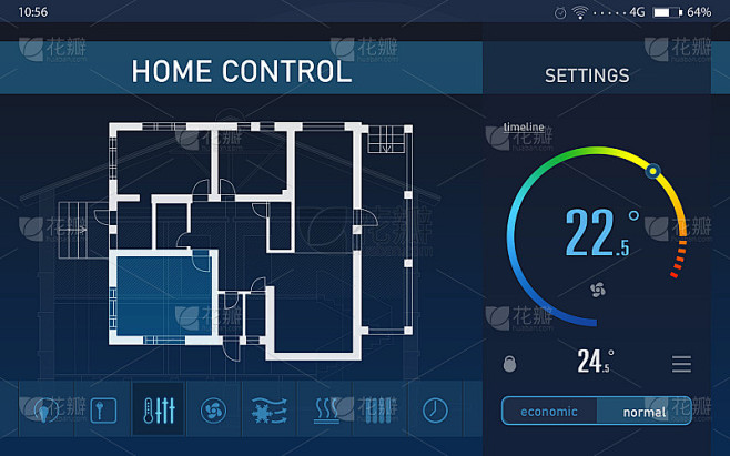 节能家庭控制系统。应用显示房屋平面图，室...