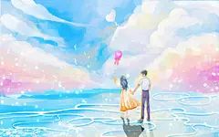 梦幻情侣相约棉花云与星星海浪漫插画七夕插画