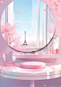 this mirror is displayed in a room with a big window, in the style of kawaii aesthetic, vignettes of paris, fujifilm eterna vivid 500t, coastal views, pink, photorealistic renderings, distinct stylistic range