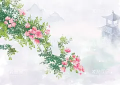山水画   - 源文件下载【酷图网】山水画,水墨山水画,花,亭子,中国风,海报背景,