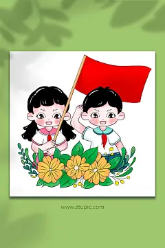 手绘卡通红领巾少先队员敬礼爱国插画素材