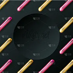 黑色背景与圆形框架和闪亮的3d圆柱体或棍棒抽象图案。