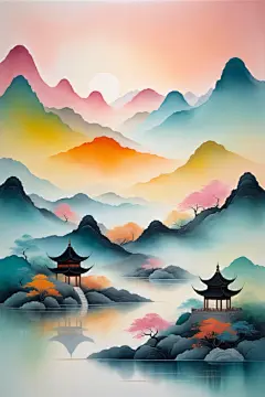 古风古韵国潮山水插画背景图