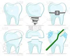 Set of teeth with a pin, braces, dental floss and 