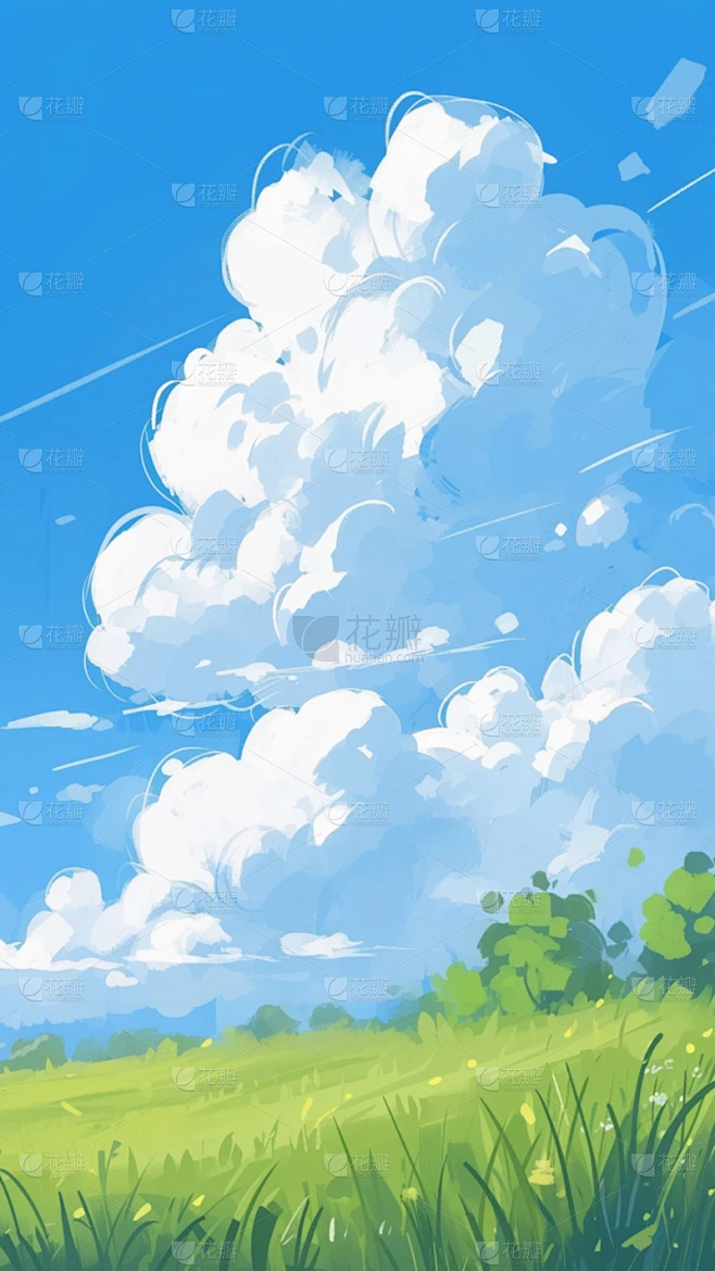 风光通用插画动漫风天空草地场景背景图片素材