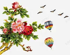 手绘牡丹花装饰大雁热气球 平面电商 创意素材
