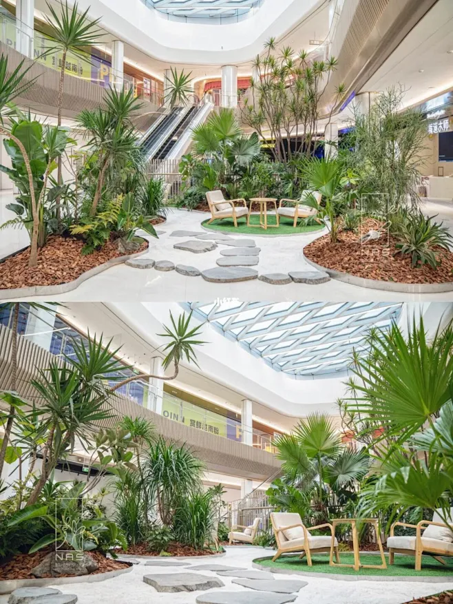 商场室内植物美陈景观，城市里的绿色小森林 : 项目介绍： 这个项目是一所商业综合体开业时的临时室内绿植空间。因为要求的时间非常紧急，用最简单的 ...