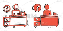 漫画风格的台灯和时钟图标。共同工作空间卡通矢量插图在白色孤立的背景。自由职业者职场飞溅效应经营理念。