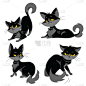 猫,黑色,卡通,可爱的,简单,收集,布置,坐,站