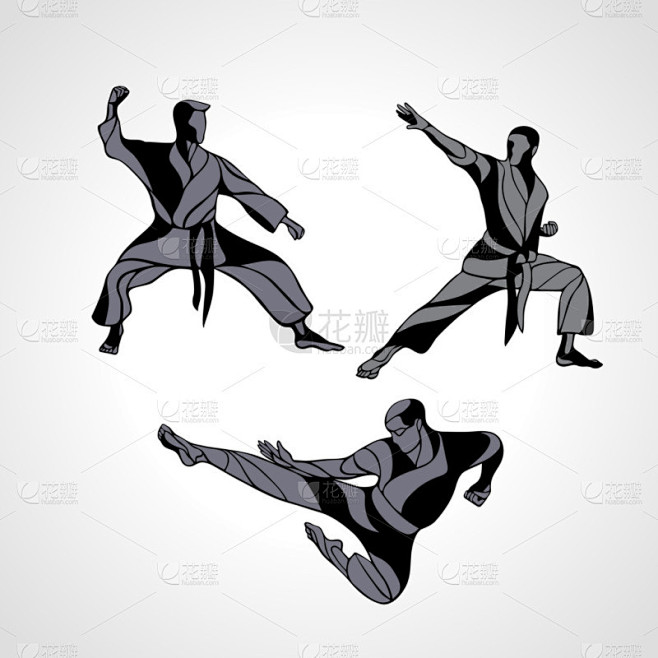 武术姿势剪影。空手道战士集合