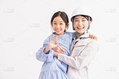 亚洲妇女建筑工人和白色安全帽，母亲和女儿