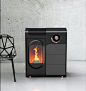 其中可能包括：a small black fireplace sitting next to a chair on top of a white floor covered in fire