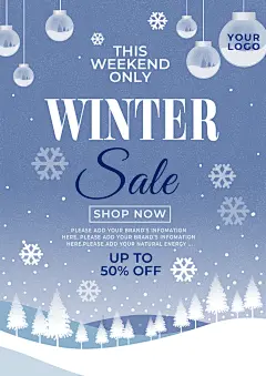 灰蓝简约雪花冬季周末促销海报