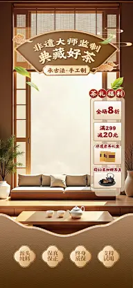 古风中式感茶室茶叶直播间背景贴片组合AIGC