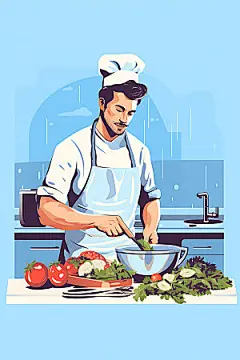 厨师美食制作烹调扁平风插画