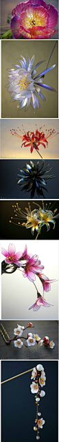 【创意视觉】漂亮水晶花。| 用金属丝先折出花瓣的形状，再放到水晶胶里沾上胶液，干后就成了一片片透明的花瓣。.@北坤人素材
