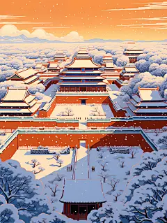 雪景中的紫禁城插画