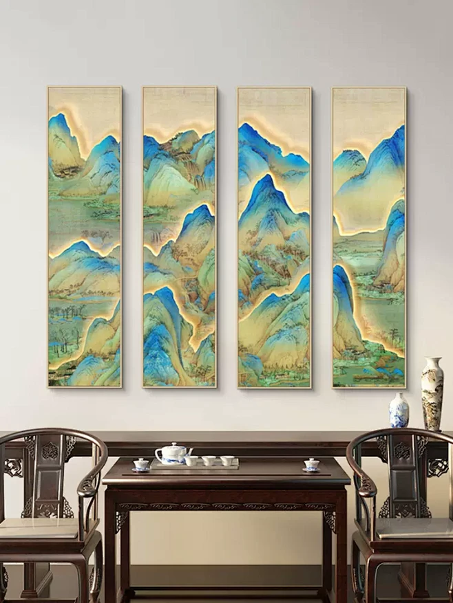 千里江山图新中式客厅沙发背景墙装饰画挂画中堂农村四联茶馆茶室-tmall.com天猫-花瓣网