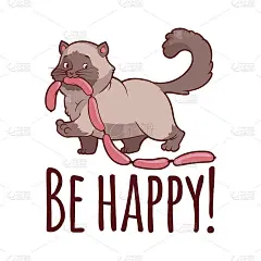 快乐的肥猫和香肠。名片:幸福!