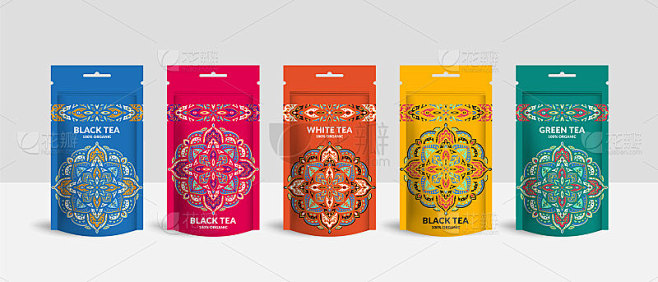茶叶包装设计与拉链袋袋模型。向量点缀模板...