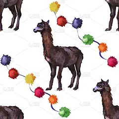 水彩羊驼野生羊驼无缝图案。喇嘛是南美的象征。可爱快乐的羊驼手绘插画创意绘画背景
