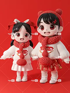 新年龙年中国红龙和一位皮克斯风格的中国小女孩海报