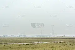 阴天下，草地上有电线杆和新建的房屋。_5126791562