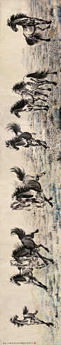 #国画#【 徐悲鸿 《十骏图－草原雄风》 】卷，纸本设色，94×520cm，1942年作。 徐悲鸿的马，无论奔马、立马、走马、饮马、群马，都赋予了充沛的生命力。他画的马没有马鞍，没有缰绳，画面简淡、高逸，用笔泼辣、凝重，穷紫酣畅，间参西法，给当时的中国画坛带来了清新、有力、刚劲的气息。