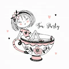 茶杯中的可爱女孩，手绘小清新T恤印花插画矢量图设计素材