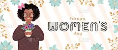 妇女节快乐。一个有着黑色卷发、皮肤黝黑的可爱女孩手持鲜花。戴眼镜的非裔美国女孩。矢量插图。
