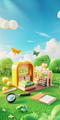 3D illustration of cute school classroom for children day camp, Surrounded by green grass and sky. In front of us are books stacked on the playground. There are magnifying glass and ruler on the table, mathematical tools, in the style of Pixar, with a sim