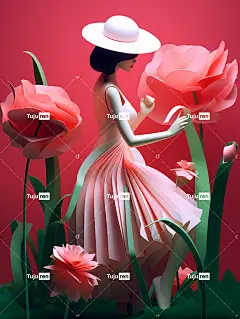 女性优雅数字绘画深粉色数字艺术技术红色和绿色海报