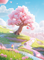 the small tree has a pink bow, in the style of soft, dreamy landscapes, 8k 3d, flower and nature motifs, cute and colorful, pastoral scenes, water and land fusion, bright backgrounds