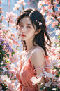  1girl, long hair, flower, Lisianthus, in the style of red and light azure, dreamy and romantic compositions, red, ethereal foliage, playful arrangements, fantasy, high contrast, ink strokes, explosions, over exposure, purple and red tone impression, abst