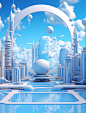 an image of an airport type scene, in the style of light azure and sky-blue, sci-fi baroque, soft and rounded forms, uhd image, whimsical cityscapes, daz3d, vibrant stage backdrops